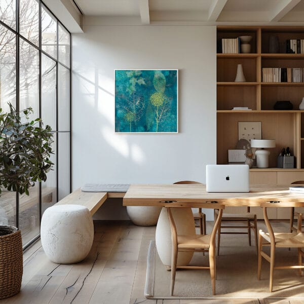 Fine Art Print op Canvas blauwgroene bladeren en gouden accenten witte baklijst interieur neutraal minimalisme