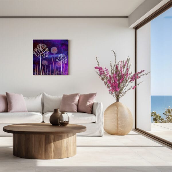 Fine Art Print op Canvas Gestileerde planten in paars en fuchsia interieur modern minimalisme japandi met magenta accenten