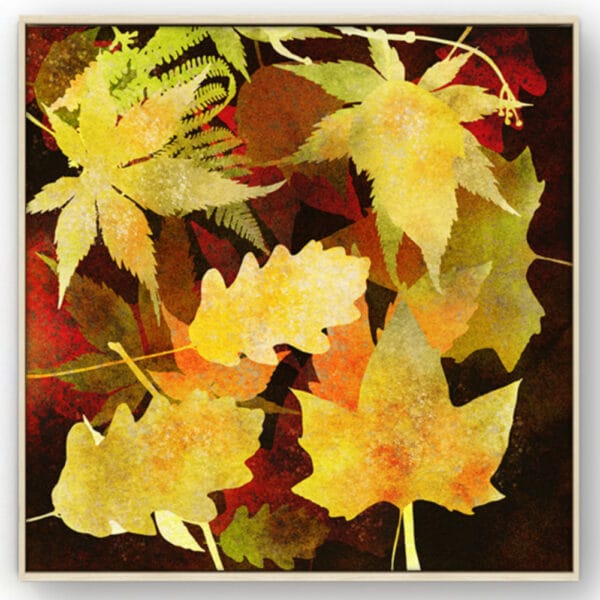 Fine Art Print op CanvasHerfstbladeren in goudgeel, oker en rood houten baklijst