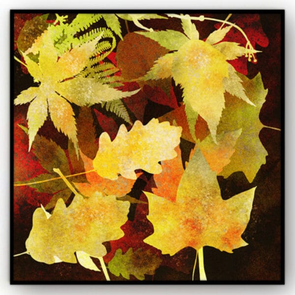 Fine Art Print op Canvas Herfstbladeren in goudgeel, oker en rood zwarte baklijst