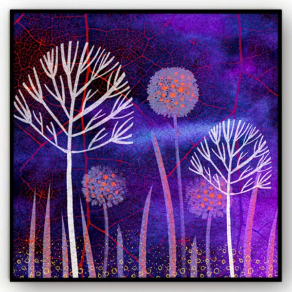 Fine Art Print op Canvas Gestileerde planten in paars en fuchsia zwarte baklijst