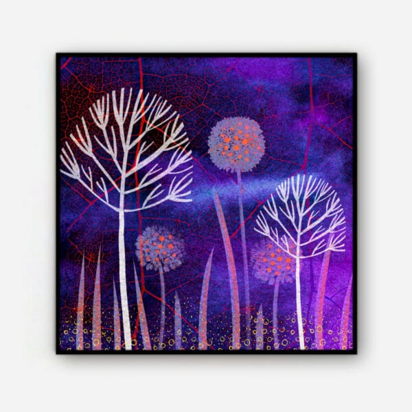 Fine Art Print op Canvas Gestileerde planten in paars en fuchsia zwarte baklijst