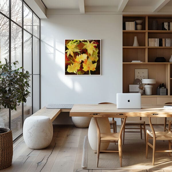 Fine Art Print op CanvasHerfstbladeren in goudgeel, oker en rood witte baklijst interieur minimalisme neutraal scandinavisch