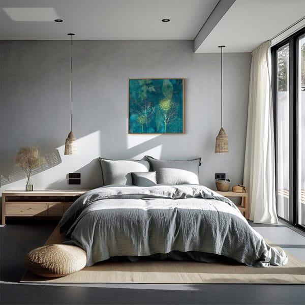 Fine Art Print op Canvas blauwgroene bladeren en gouden accenten houten baklijst in interieur slaapkamer japandi