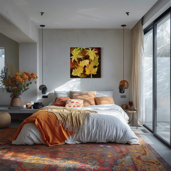 Fine Art Print op CanvasHerfstbladeren in goudgeel, oker en rood houten baklijst interieur slaapkamer minimalisme japandi