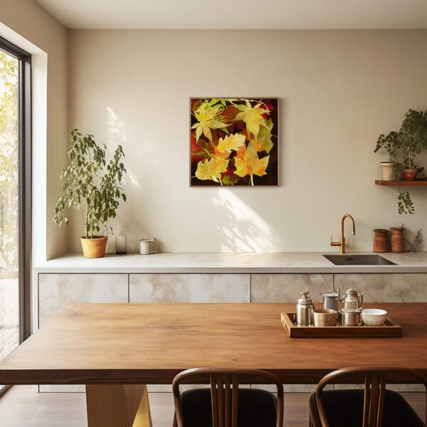 Fine Art Print op CanvasHerfstbladeren in goudgeel, oker en rood houten baklijst interieur minimalisme neutraal