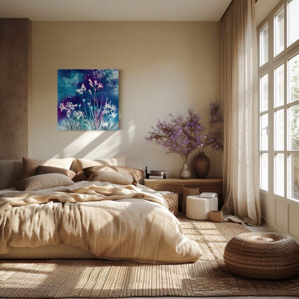 Fine Art Print op Canvas Nachtbloemen & vlinders in slaapkamer interieur scandinavisch minimalisme