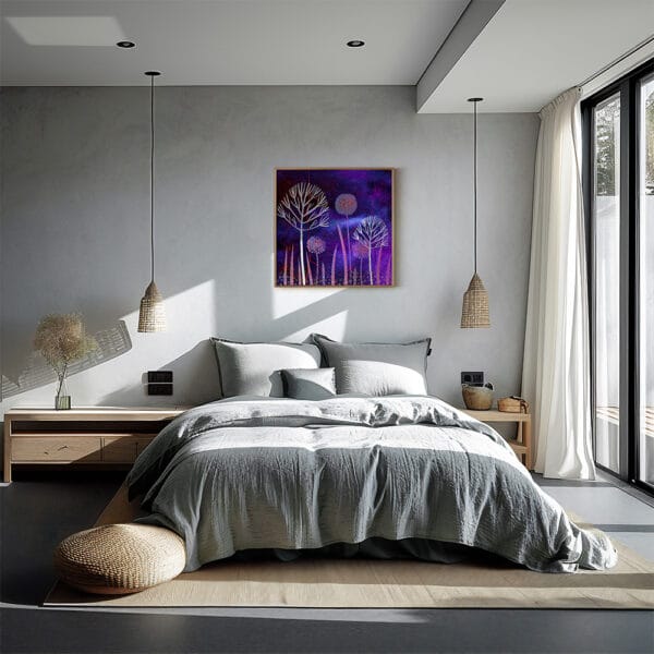 Fine Art Print op Canvas Gestileerde planten in paars en fuchsia houten baklijst interieur slaapkamer japandi
